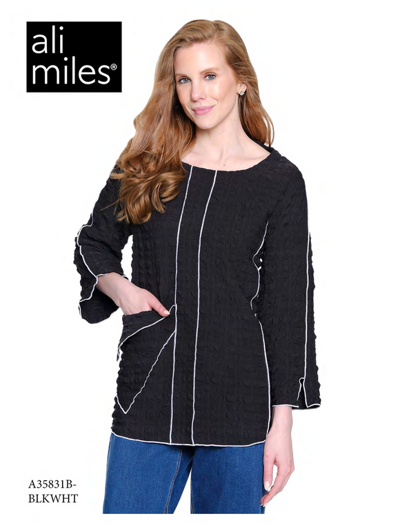 Ali Miles Textured Woven Pop-Over Tunic - A35831TM - 003-BLKWHT