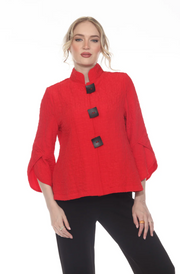 Moonlight Button Front Mandarin Collar Jacket - 4094 - RED