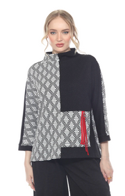 MOONLIGHT Textured Mixed Media Woven Pattern Red Accent Top - 4001