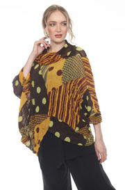 MOONLIGHT Asymmetric Abstract Mixed Media Cowl Neck Top - 4112