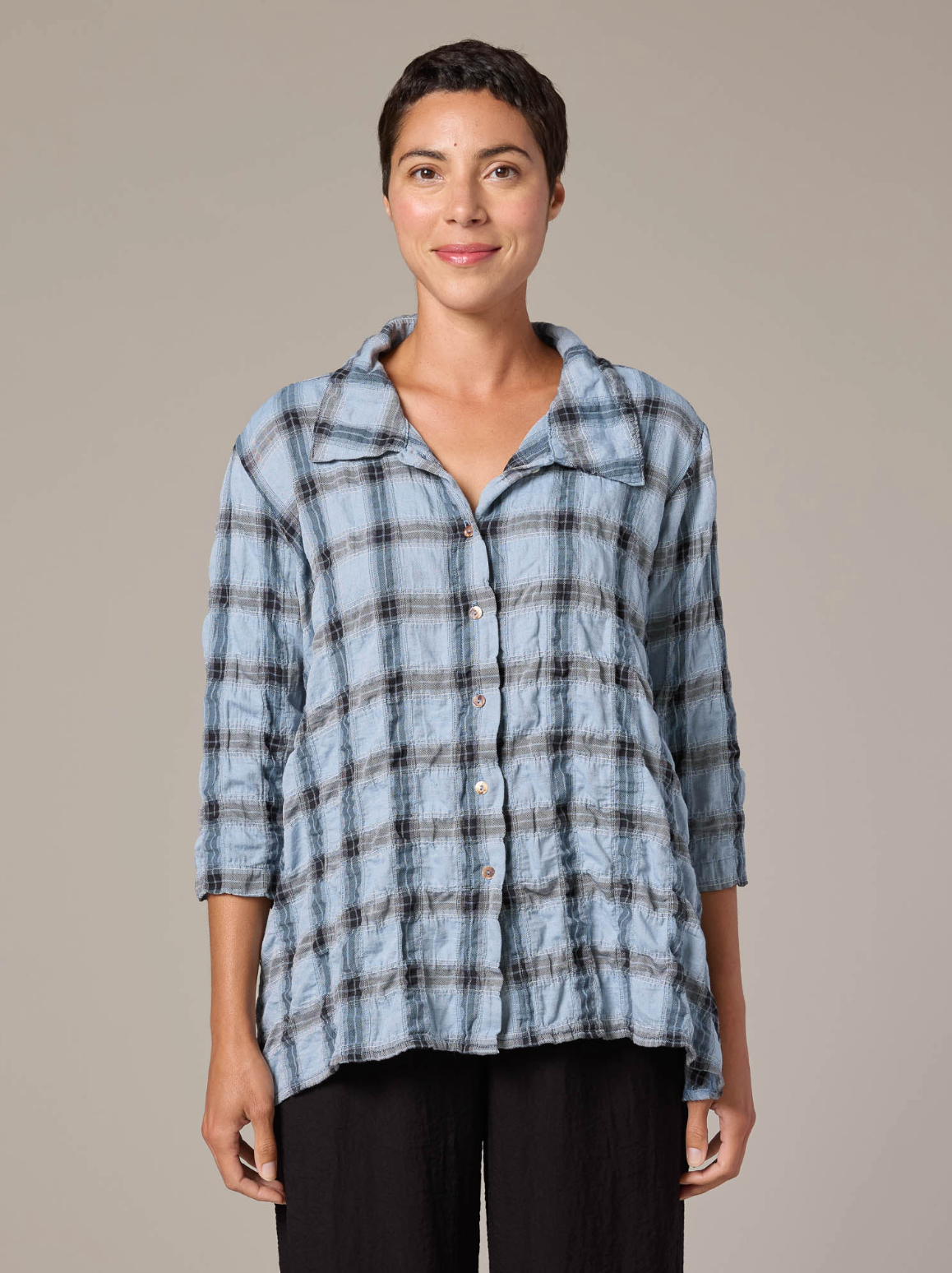 CUT LOOSE Crinkle Plaid High Low Shirt - 0387945