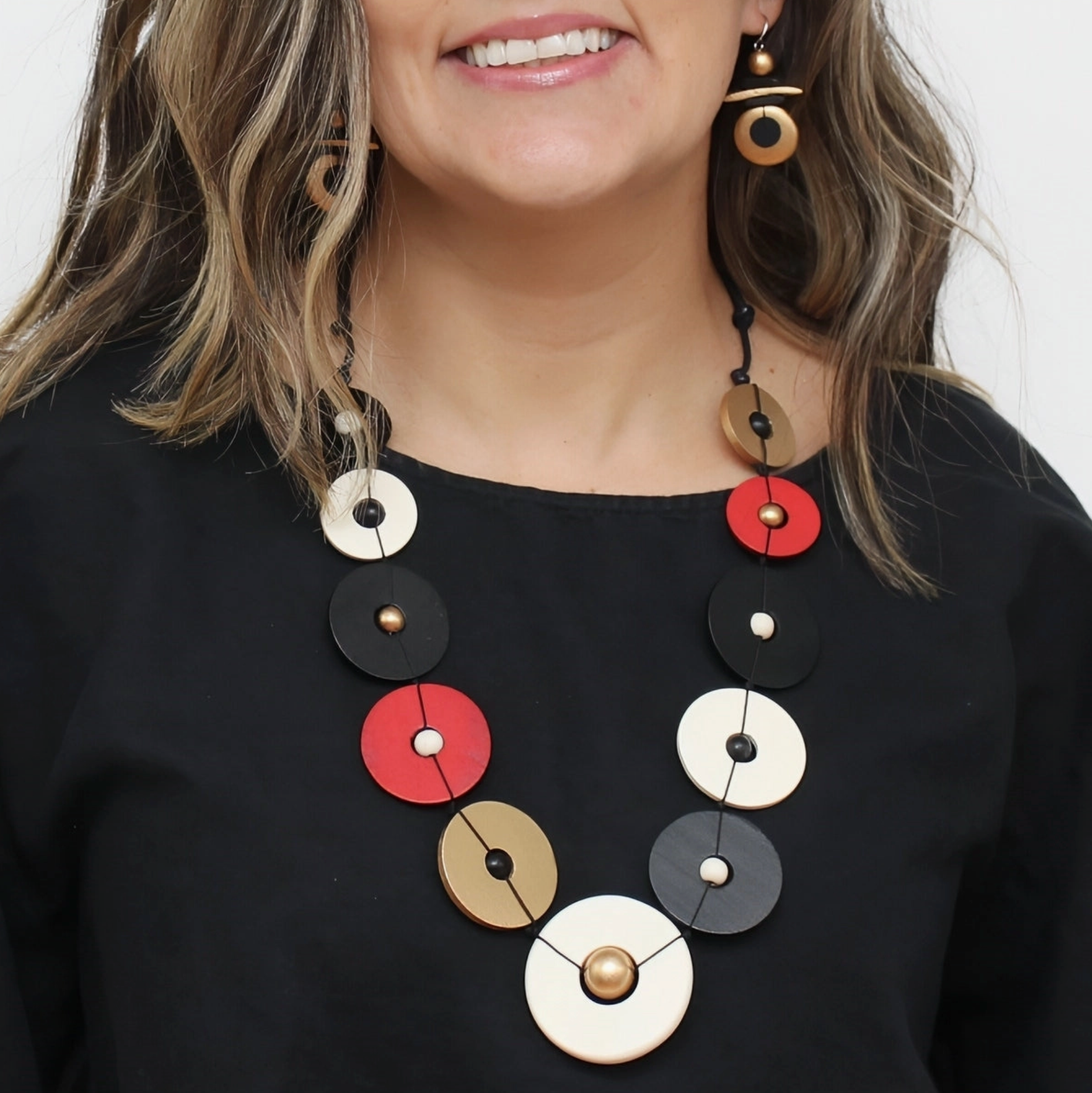 SYLCA Gold Black Red Aria Bold Circle Statement Necklace