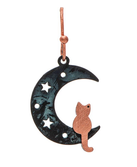 RAIN Patina Copper Brass Cat In The Moon Earring