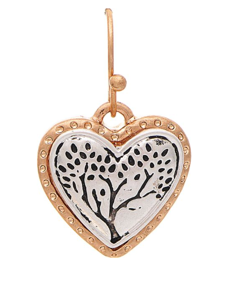 RAIN Two Tone Engraved Tree Heart Earring