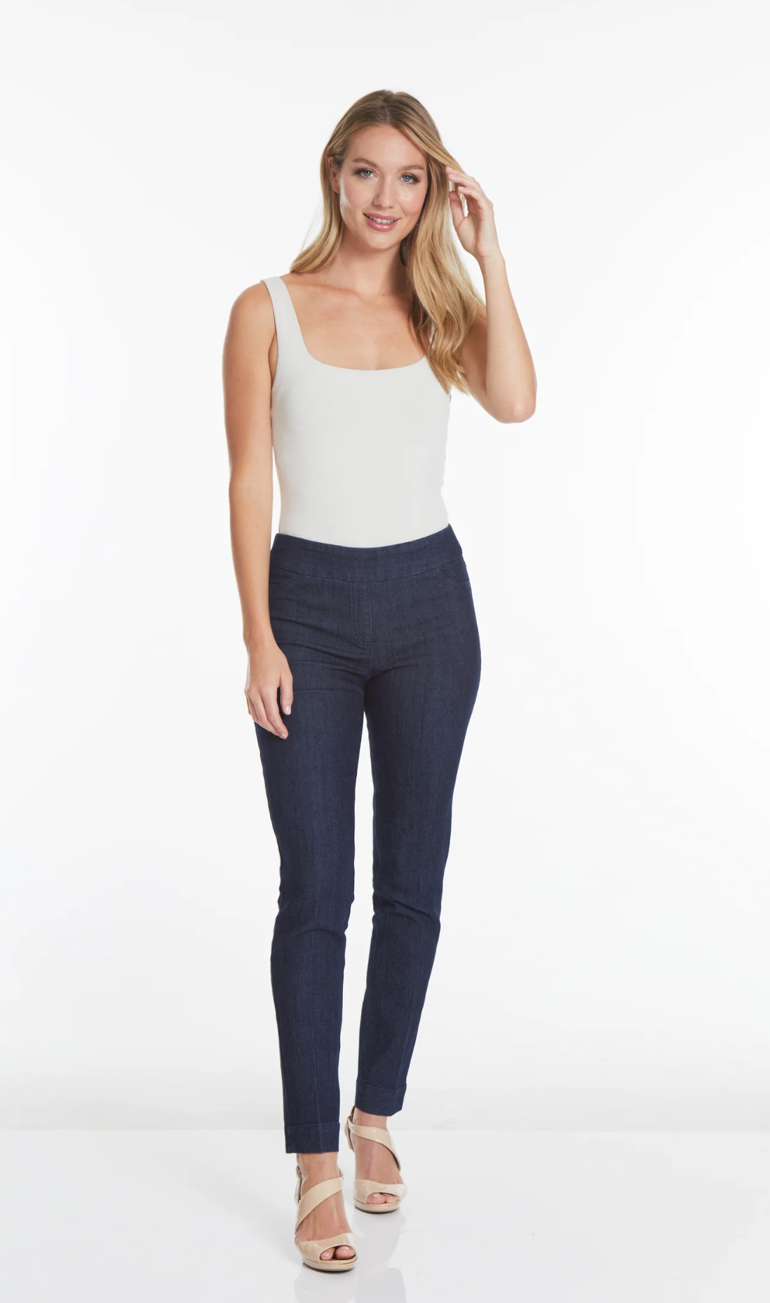 Slimsation DENIM LONG/Narrow Women's Wide Band Pull-On Straight Leg Pant With Tummy Control (M2604P)- DENIM