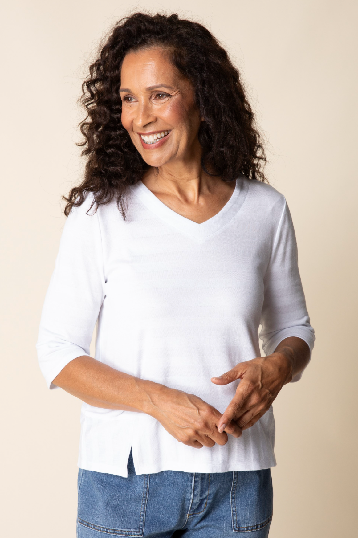Habitat Shadow Stripe Elbow Sleeve Top - 30015 - WHITE