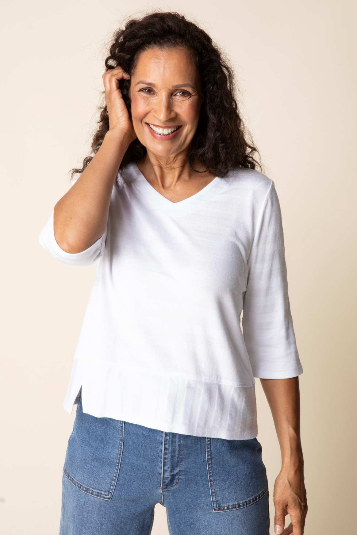 Habitat Shadow Stripe Elbow Sleeve Top - 30015 - WHITE