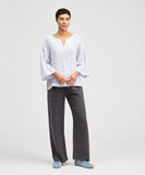 CUT LOOSE Blue Linen Stripe Split Neck Pullover - 4616639