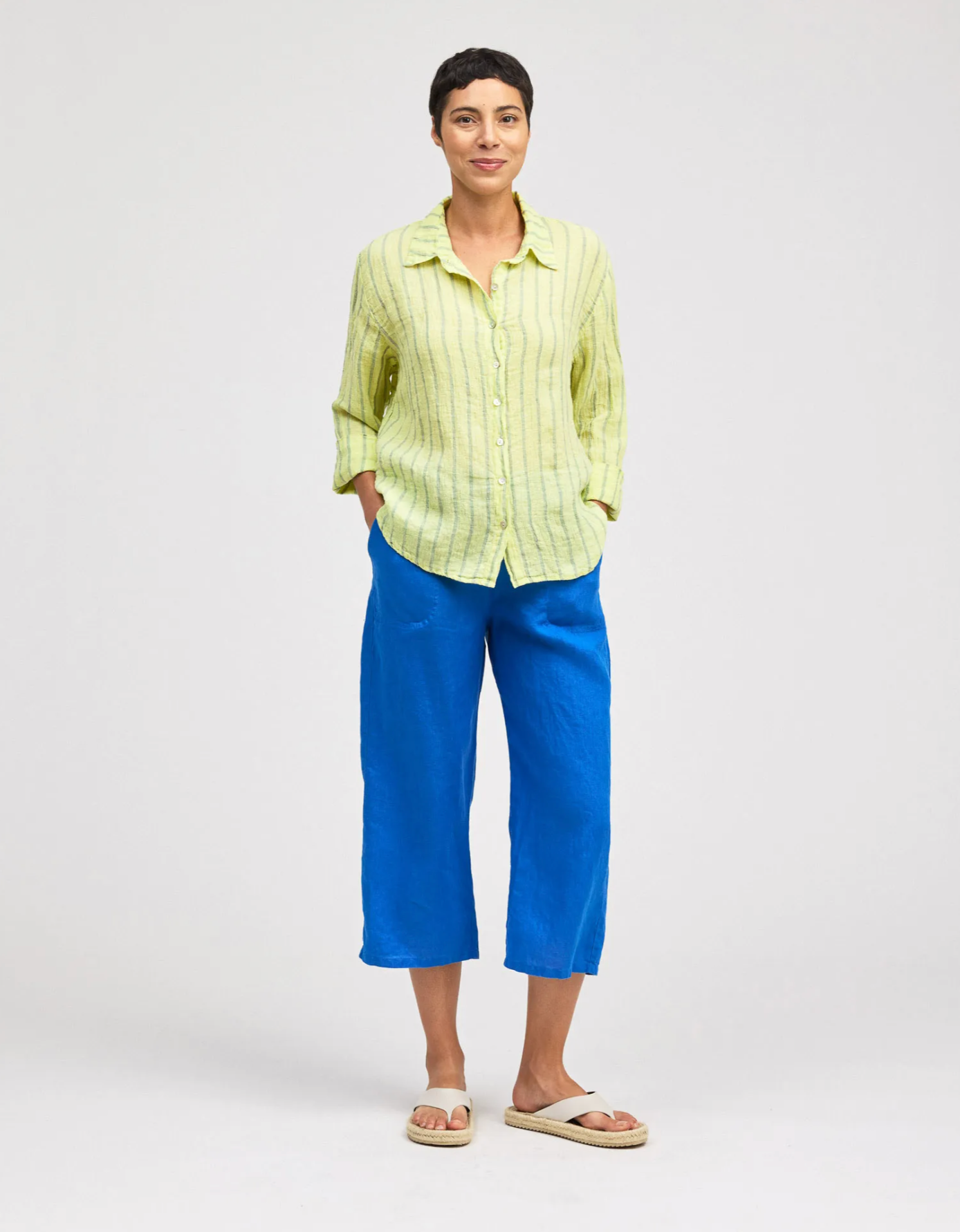 CUT LOOSE Blue Linen Stripe Crop Easy Shirt - 4616986