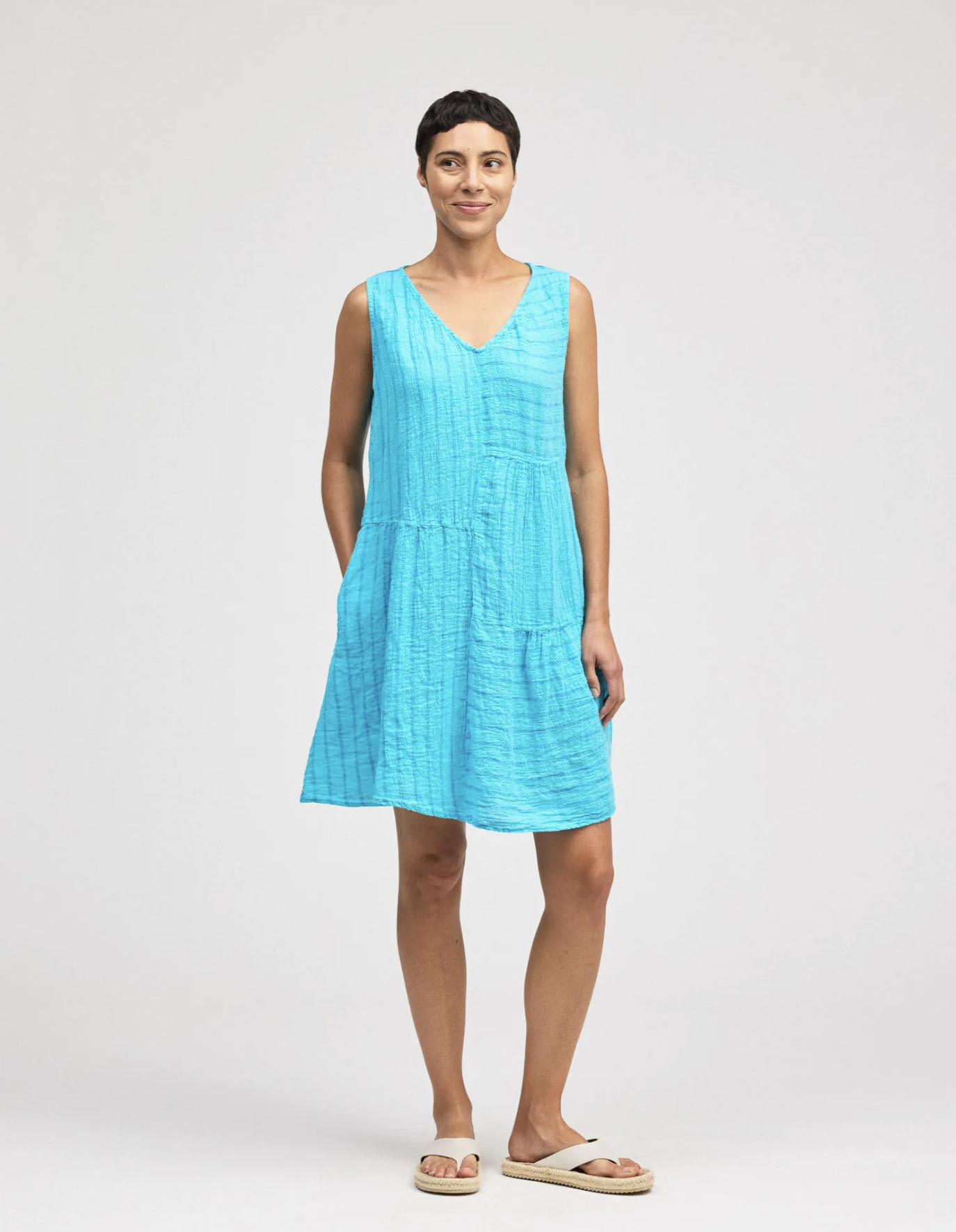 CUT LOOSE Blue Linen Stripe Patch Dress