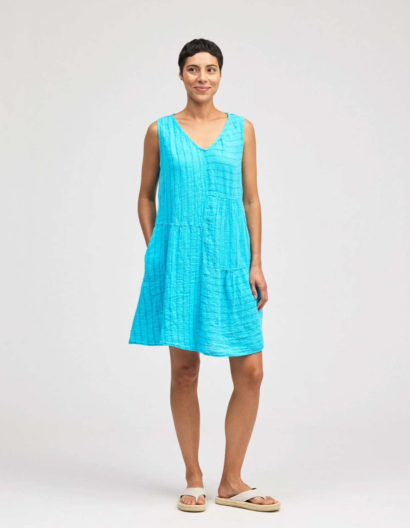 CUT LOOSE Blue Linen Stripe Patch Dress