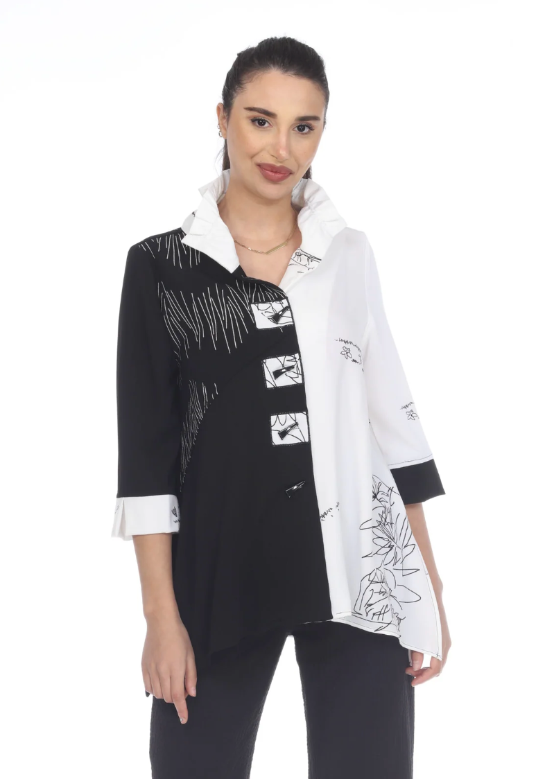 MOONLIGHT Button Down Black & White Floral Sketch Top - 3270
