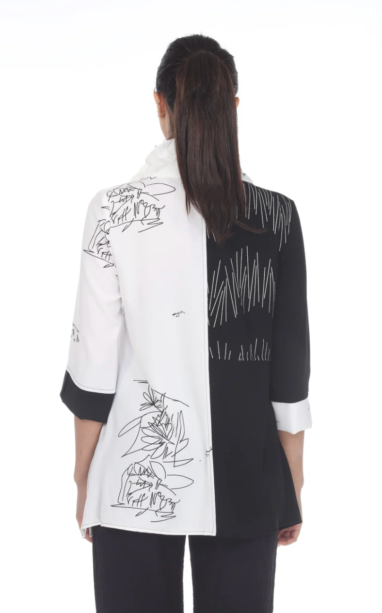 MOONLIGHT Button Down Black & White Floral Sketch Top - 3270