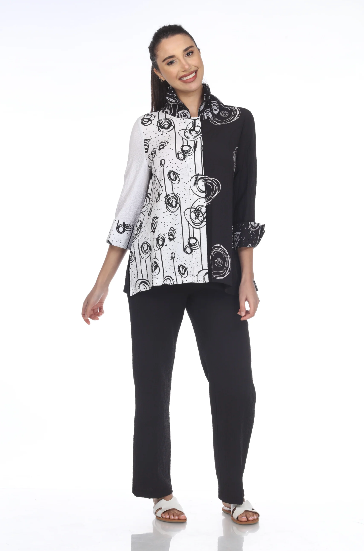 MOONLIGHT Button Down Black & White Artsy Swirl Top - 3297