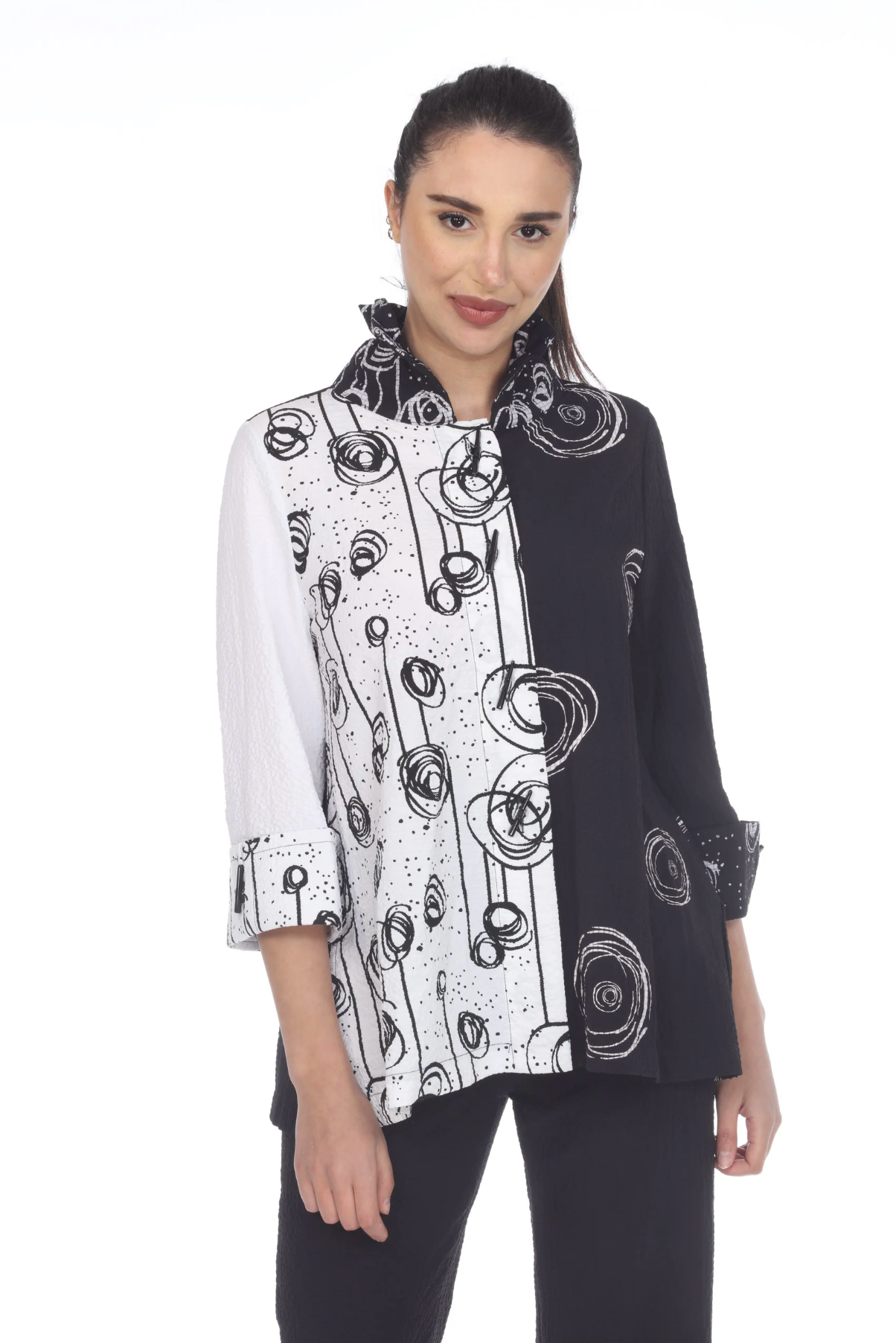 MOONLIGHT Button Down Black & White Artsy Swirl Top - 3297