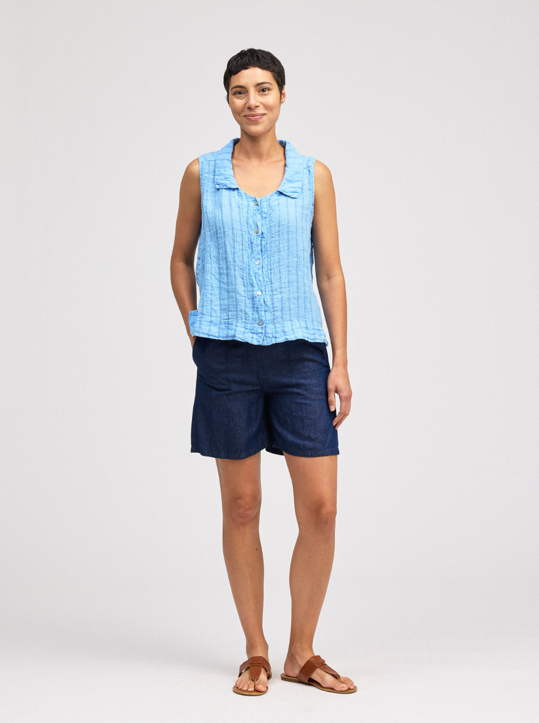 CUT LOOSE Blue Linen Stripe Sleeveless Shirt - 4615865