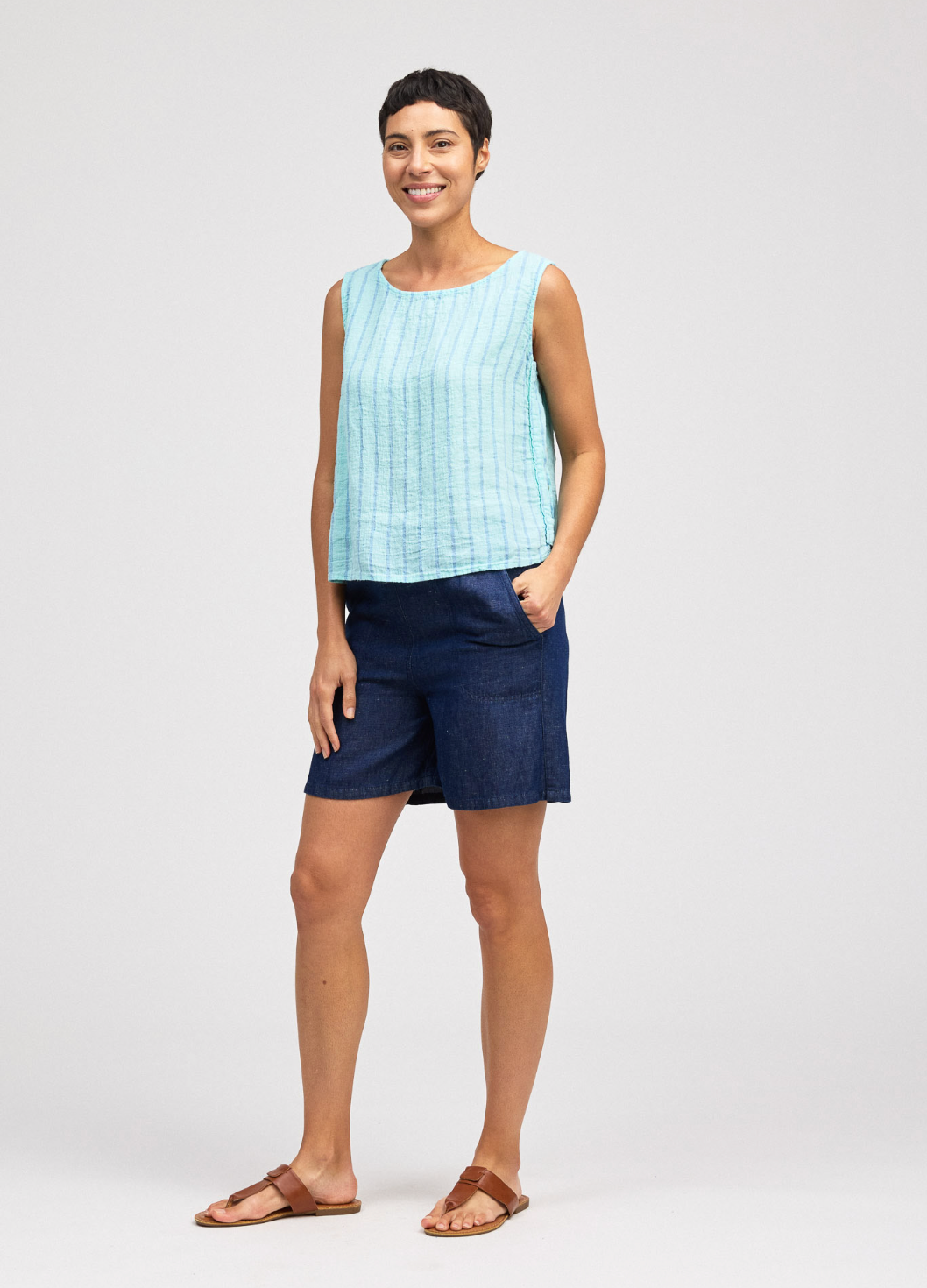 CUT LOOSE Blue Linen Stripe Side Button Shell - 4615276