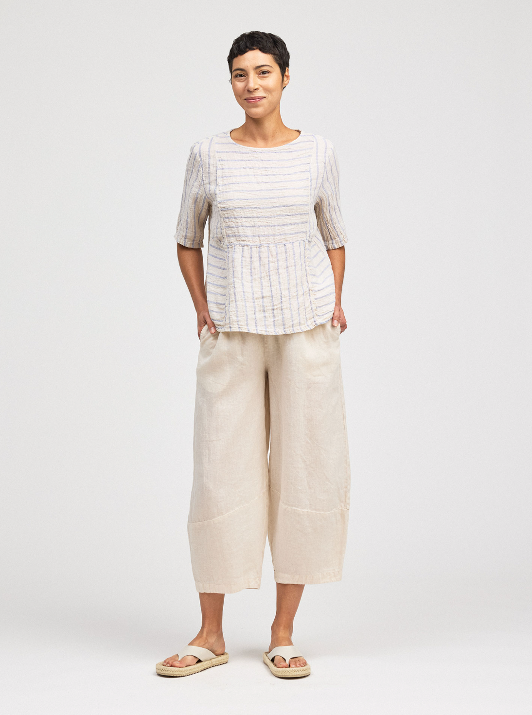 CUT LOOSE Blue Linen Stripe Seamed Boxy Top - 4616201