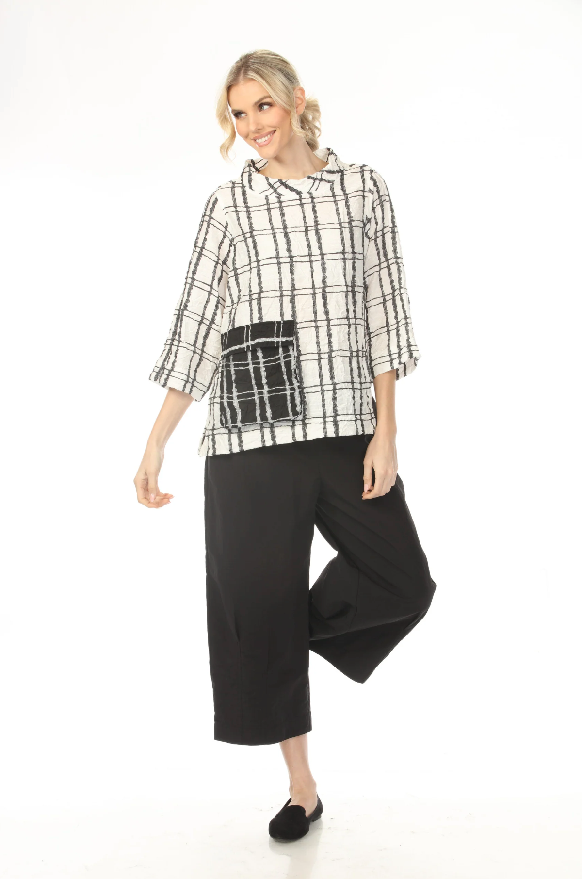 MOONLIGHT High Neck Black & White Artsy Grid Pattern Top - 4252