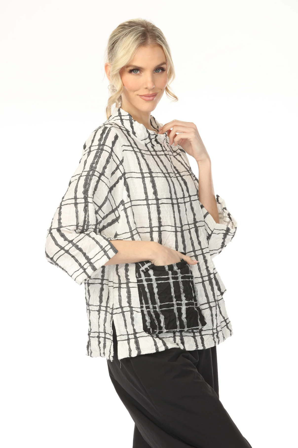 MOONLIGHT High Neck Black & White Artsy Grid Pattern Top - 4252