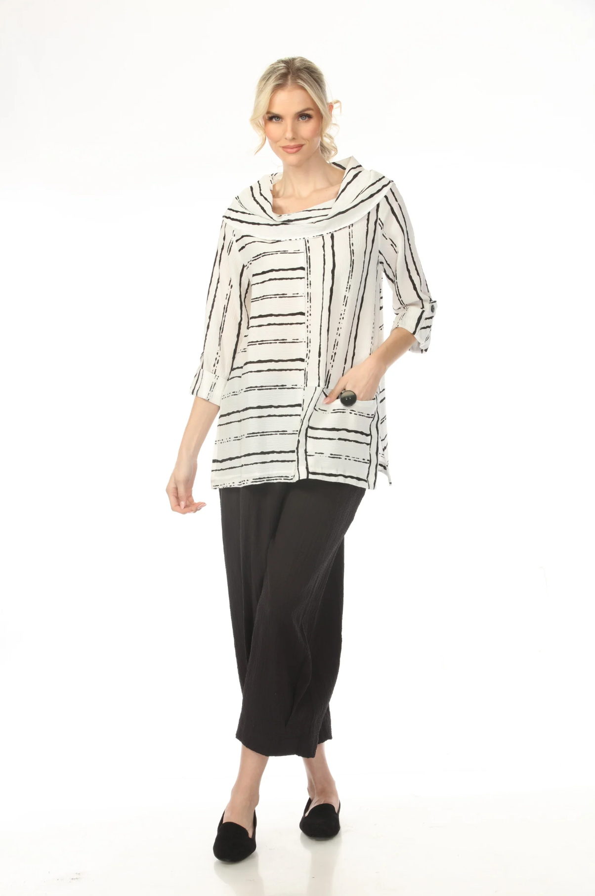 MOONLIGHT Cowl Neck Black & White Alternating Lines Top - 2090AB - WHITE/BLACK ST