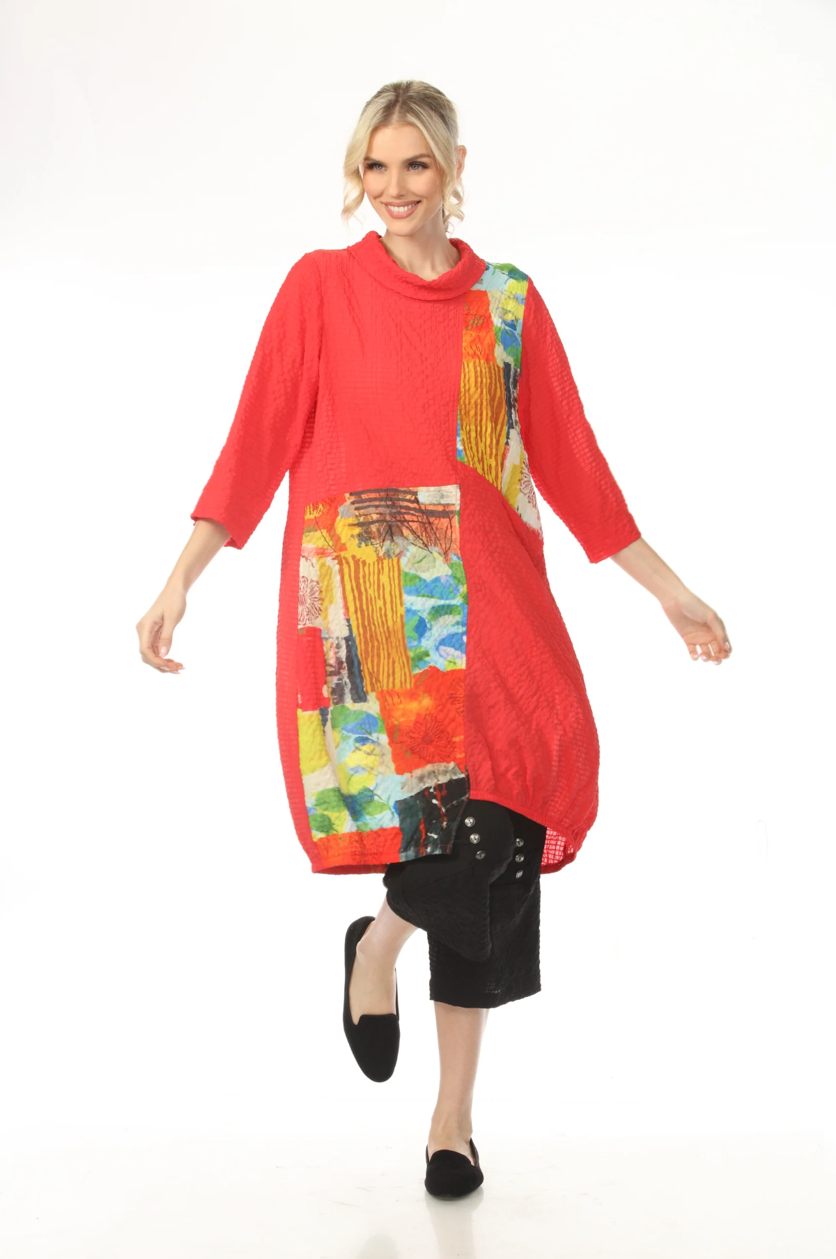MOONLIGHT Cowl Neck Red Long Mixed Media Tunic - WJ2050