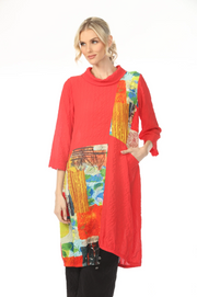 MOONLIGHT Cowl Neck Red Long Mixed Media Tunic - WJ2050