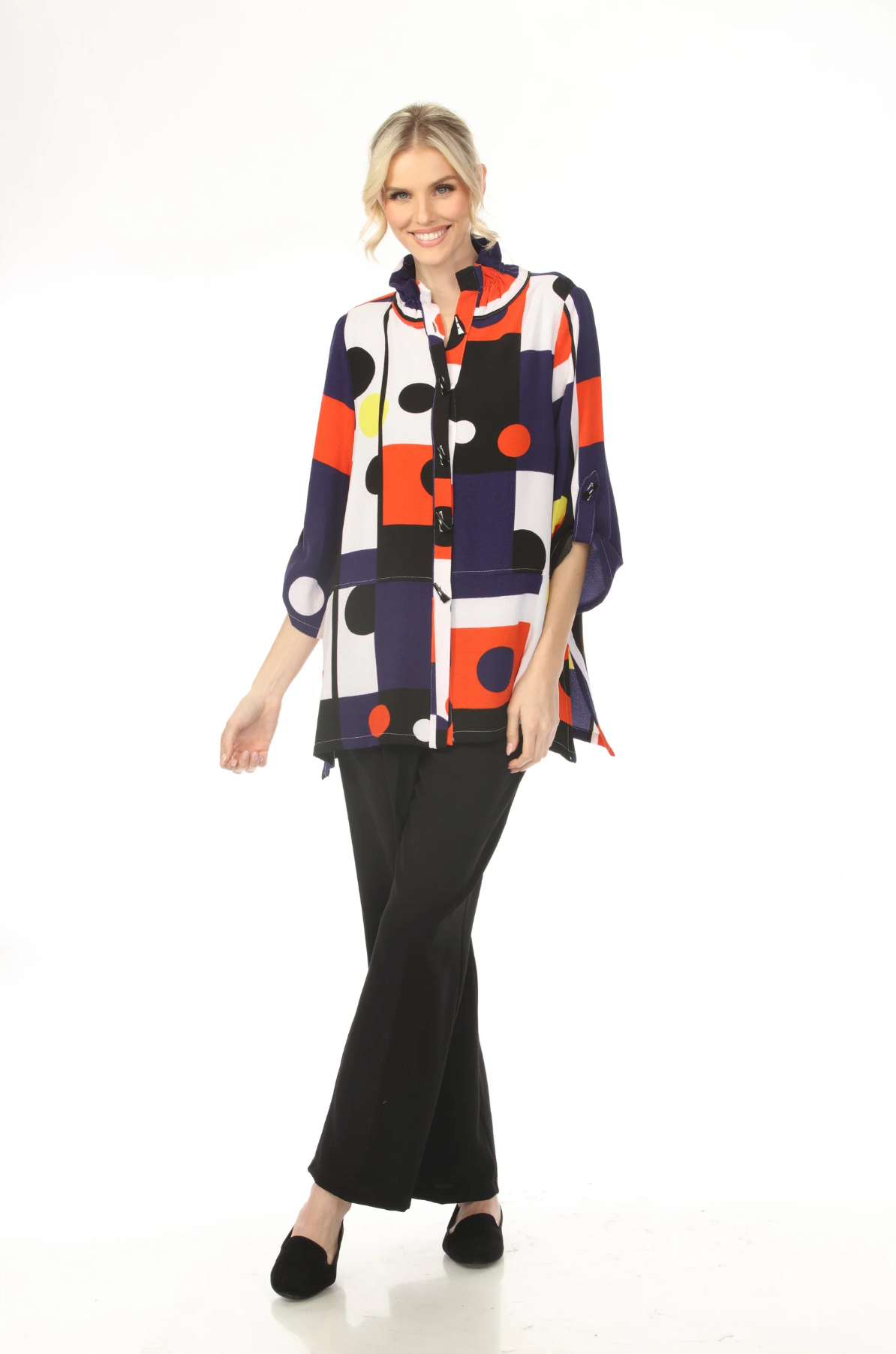 MOONLIGHT Button Down Colorblock Dot Abstract Top - 2590PR