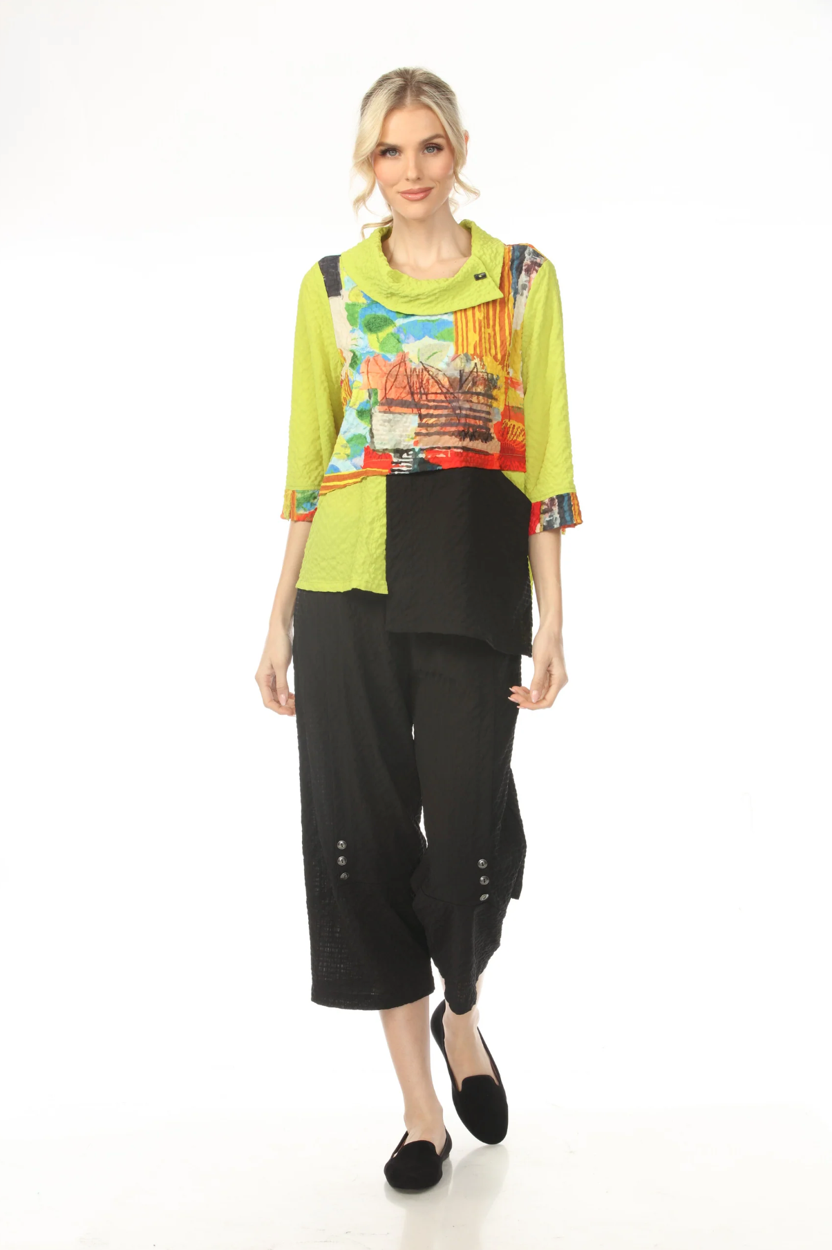 MOONLIGHT Cowl Neck Mixed Media Colorblock Top - WT2052