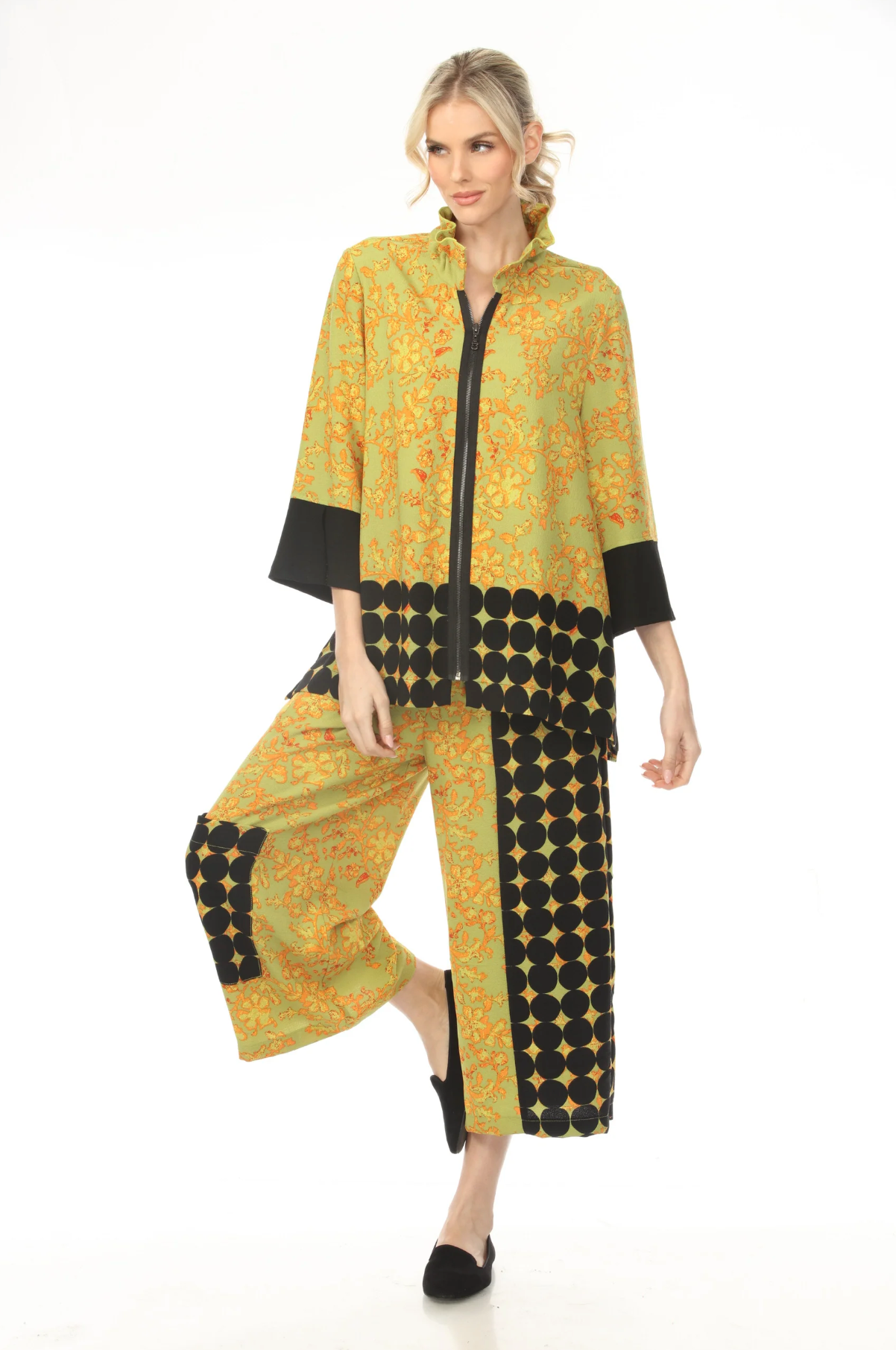 MOONLIGHT High Collar Golden Floral Print Zip-Up Top - 4219