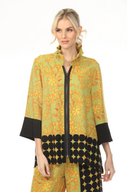 MOONLIGHT High Collar Golden Floral Print Zip-Up Top - 4219