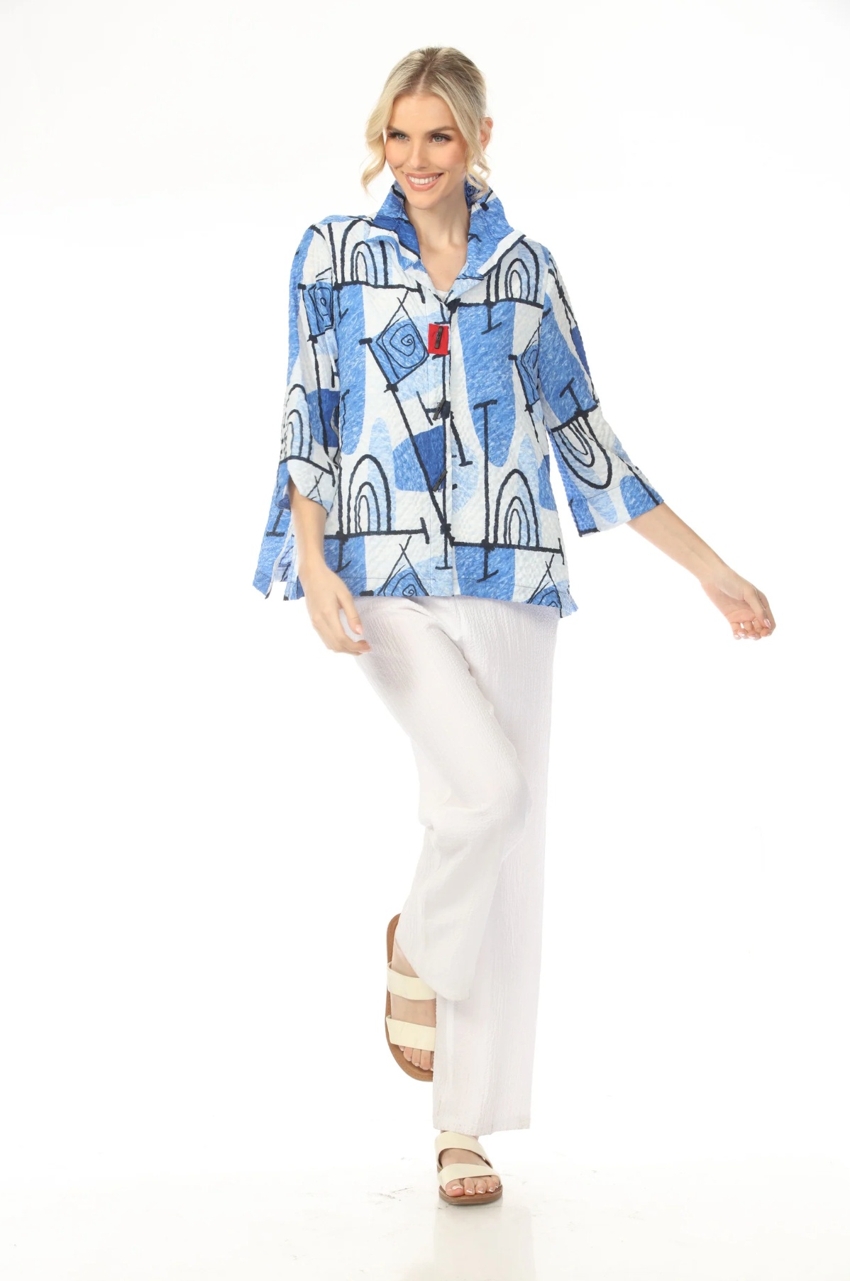 MOONLIGHT Button Down Blue & White Graphic Line Print Top - 3448BU