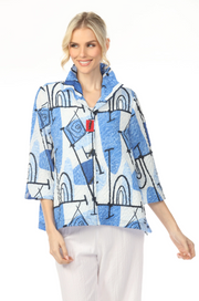 MOONLIGHT Button Down Blue & White Graphic Line Print Top - 3448BU