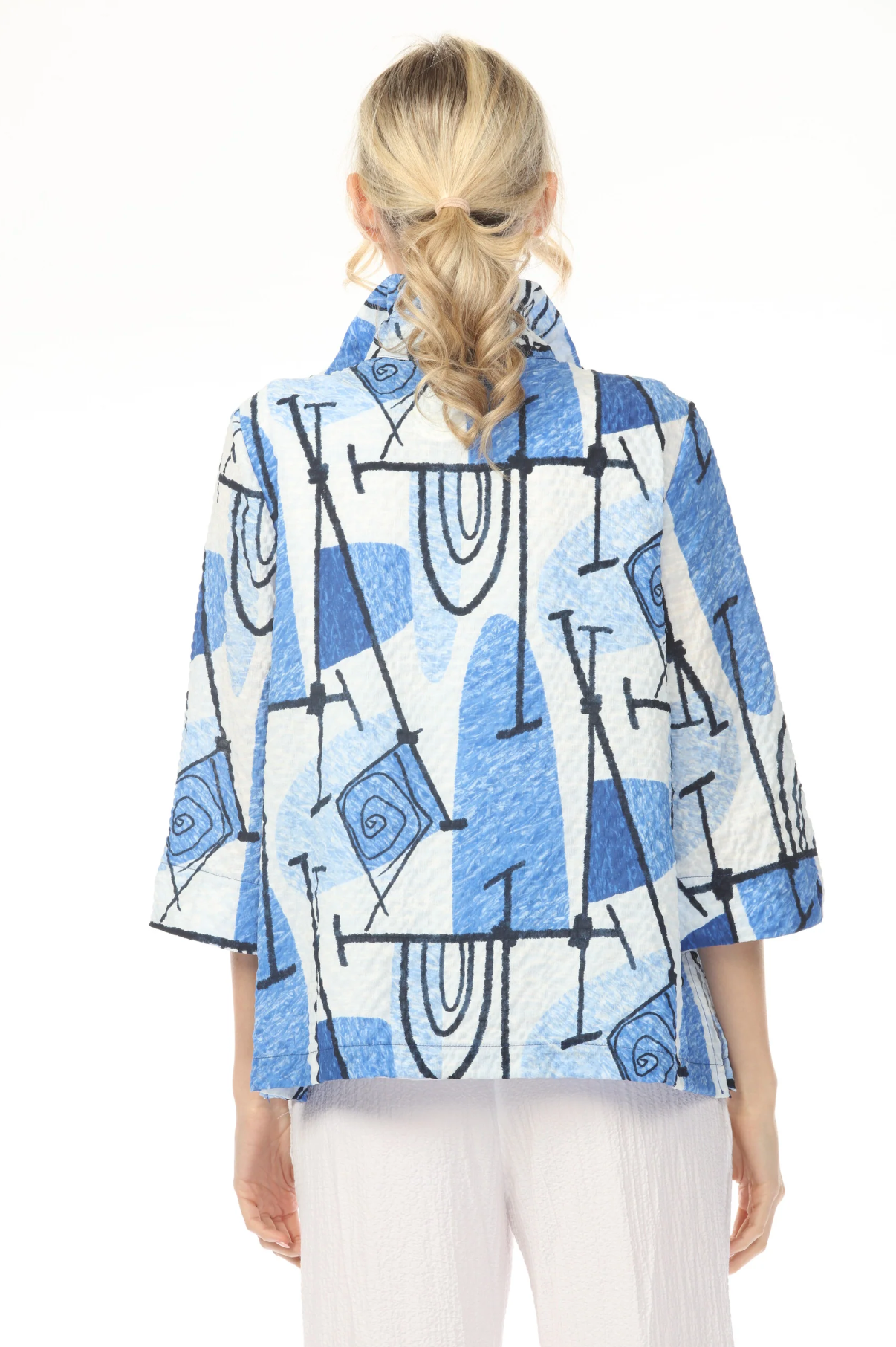 MOONLIGHT Button Down Blue & White Graphic Line Print Top - 3448BU