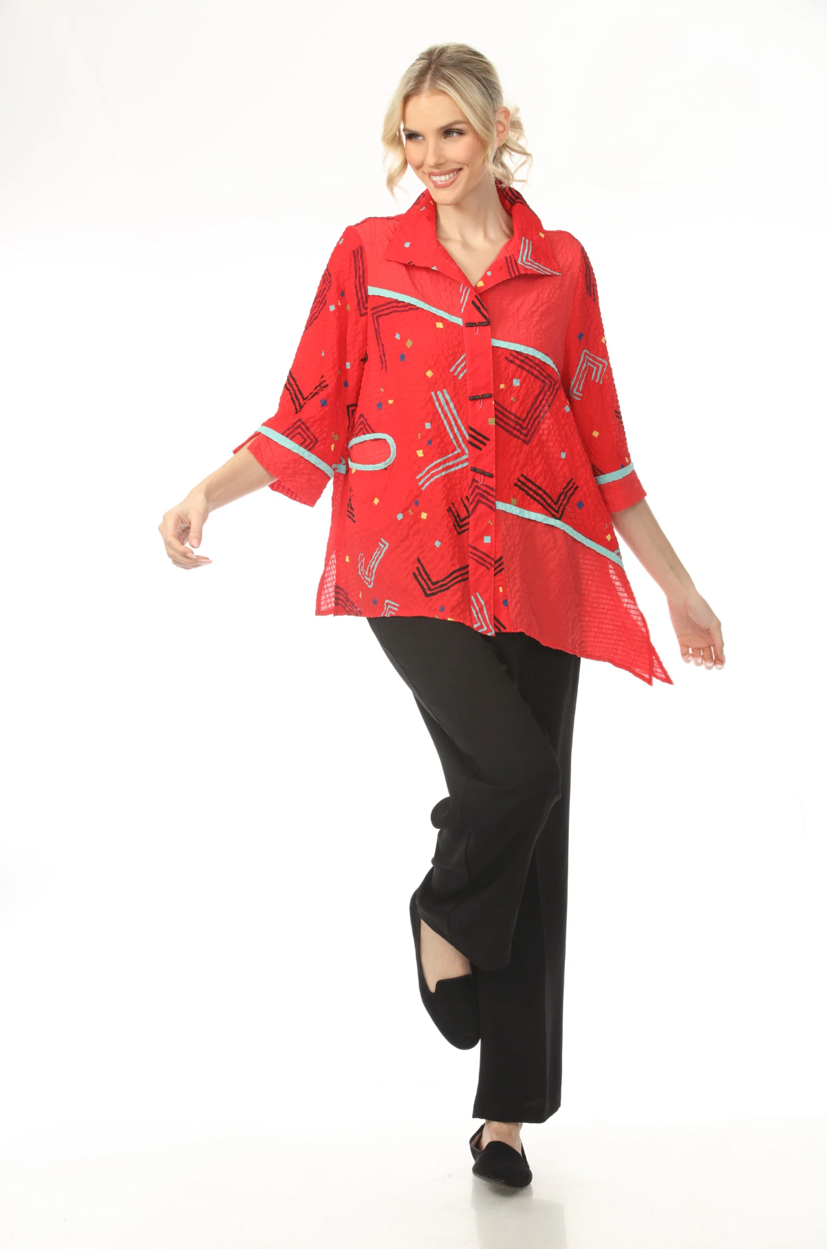 MOONLIGHT Button Down Collared Graphic Line Print Top - 4260