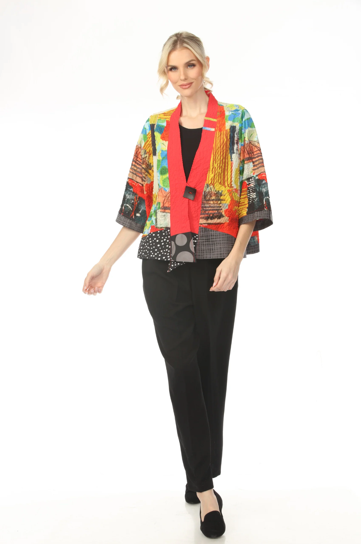 MOONLIGHT One Button Mixed Media Colorblock Artsy Top - 4240