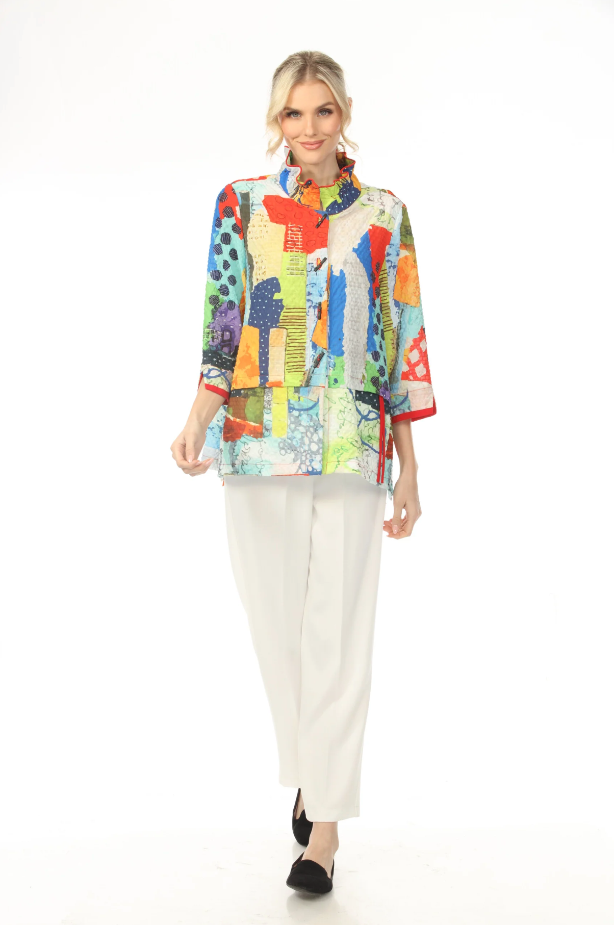 MOONLIGHT Button Down Mixed Media Colorblock Top - 4244