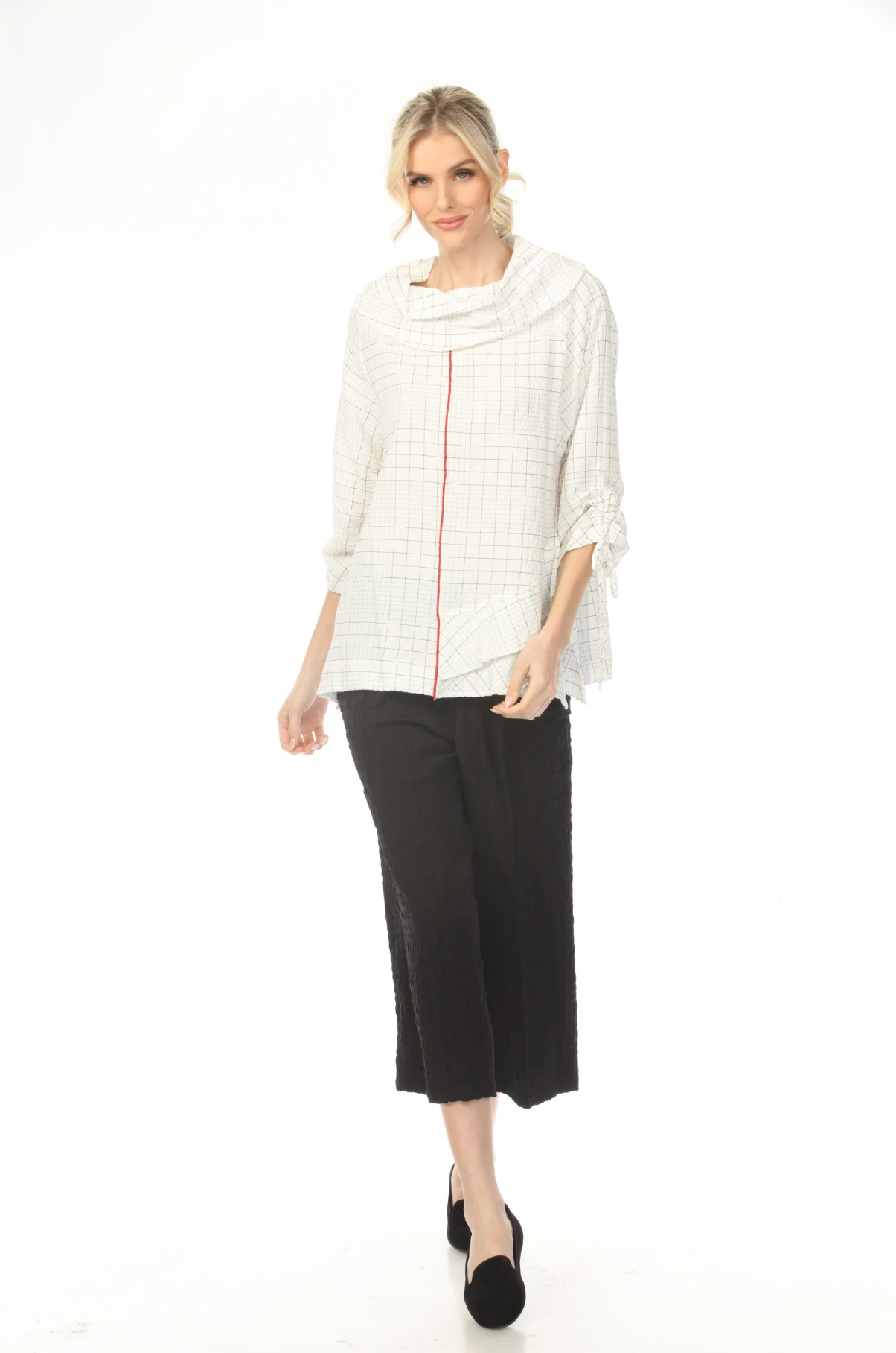 MOONLIGHT Cowl Neck White Grid Pattern Top - 2869
