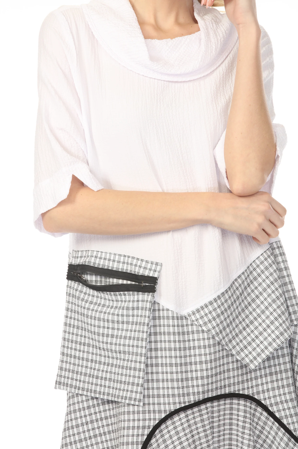 MOONLIGHT Solid & Plaid Long Zip Pocket Dress - D4068LG - WHITE