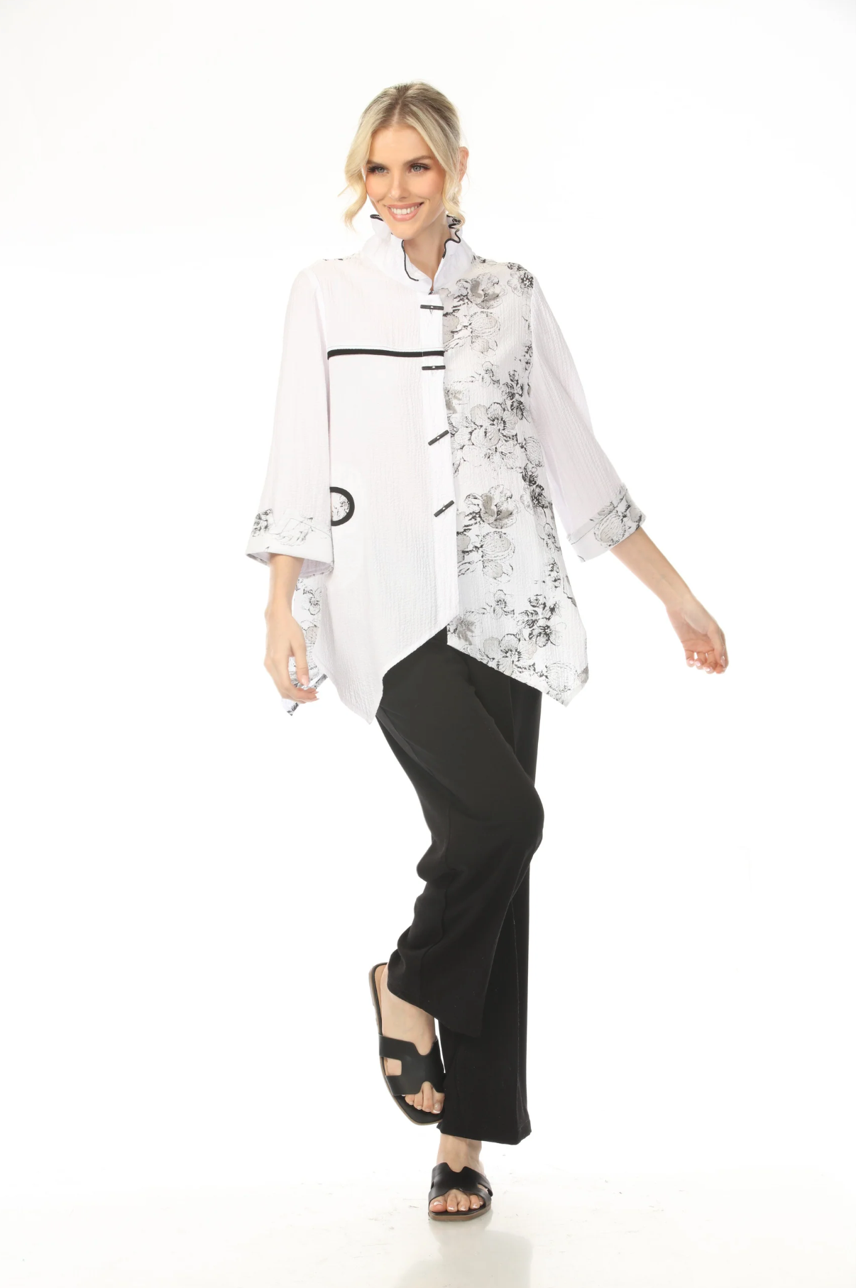 MOONLIGHT Button Down Black & White Split Style Artsy Top - 4278