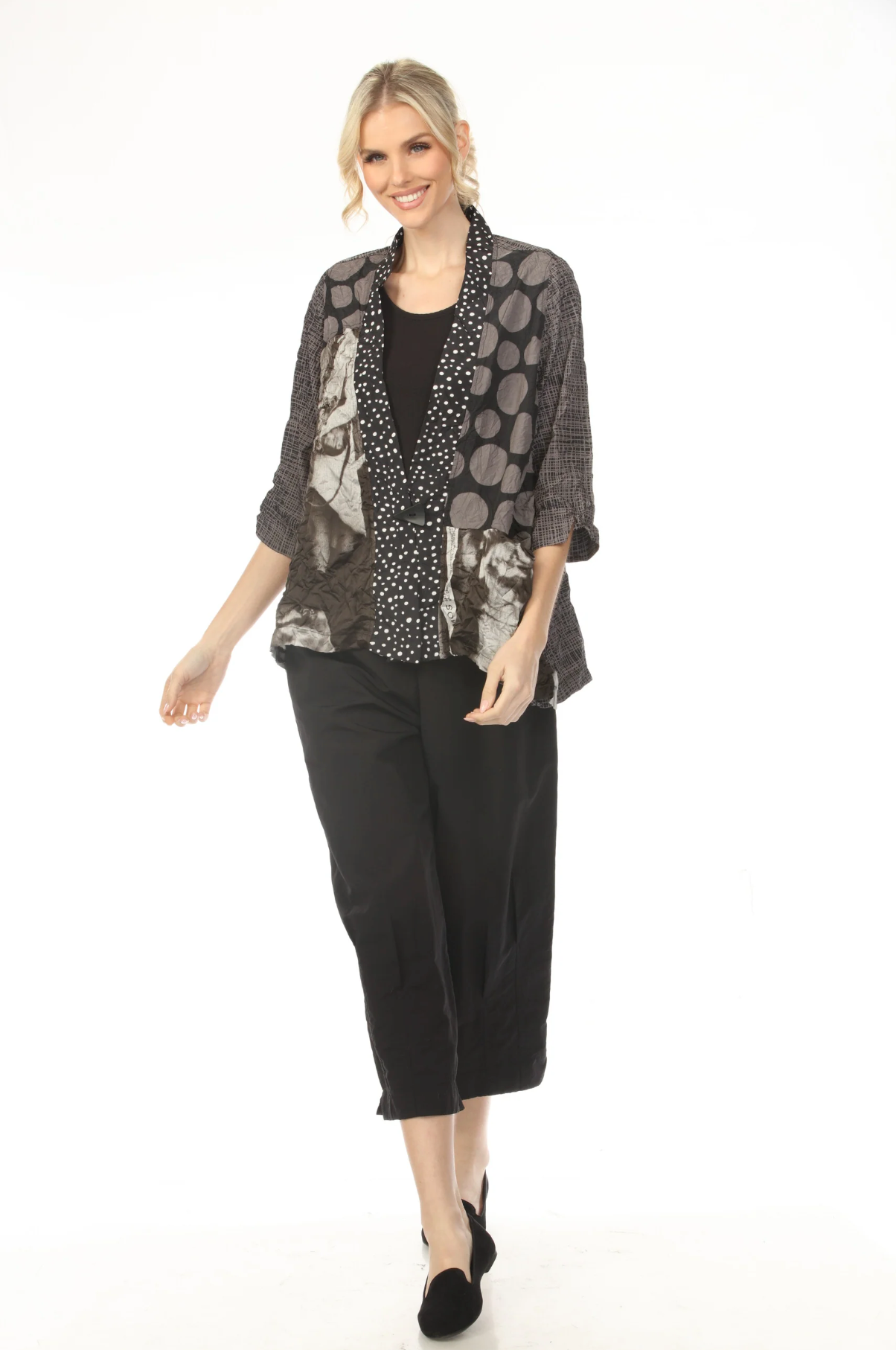 MOONLIGHT One Button Black & Gray Mixed Media Top - 4276