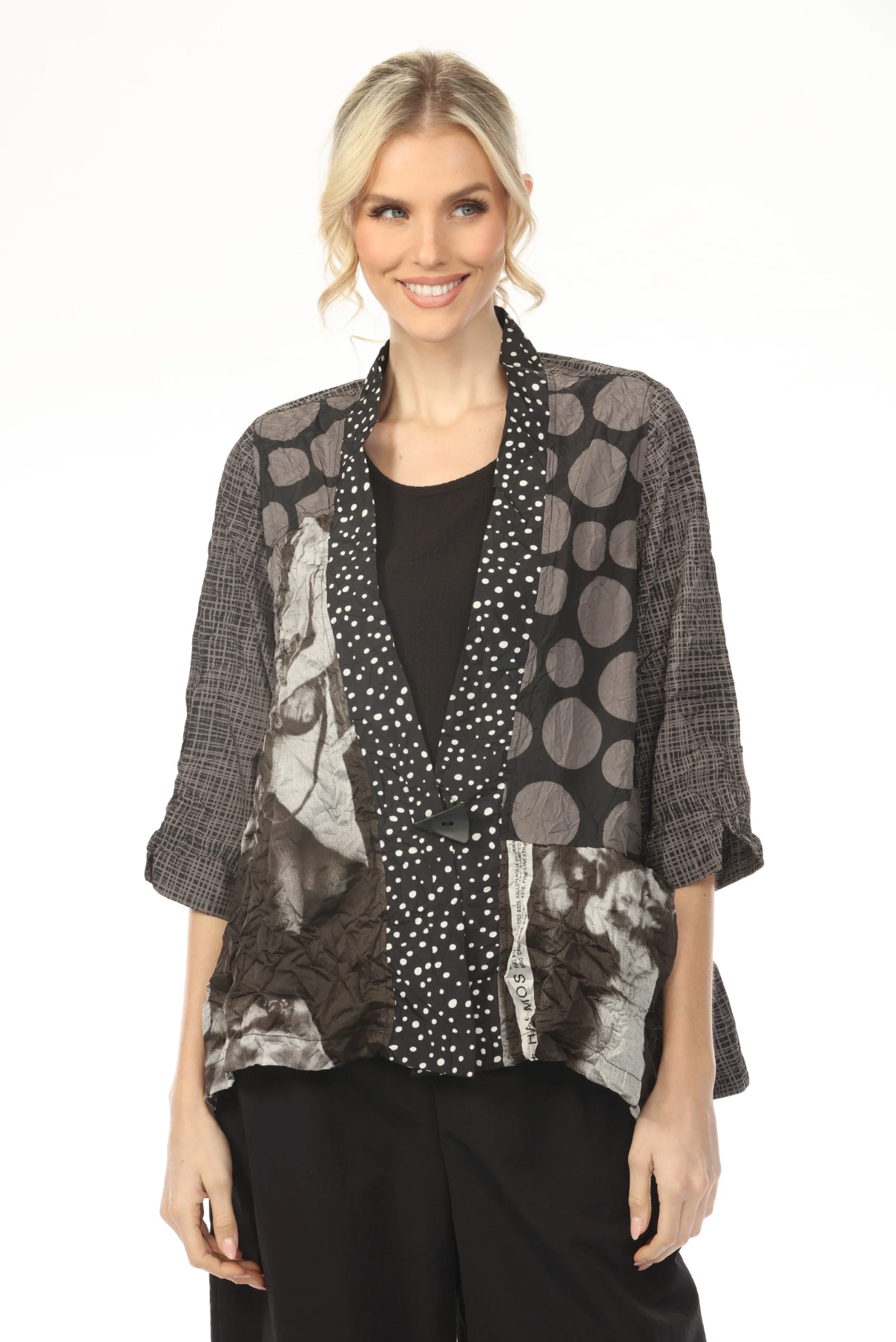 MOONLIGHT One Button Black & Gray Mixed Media Top - 4276