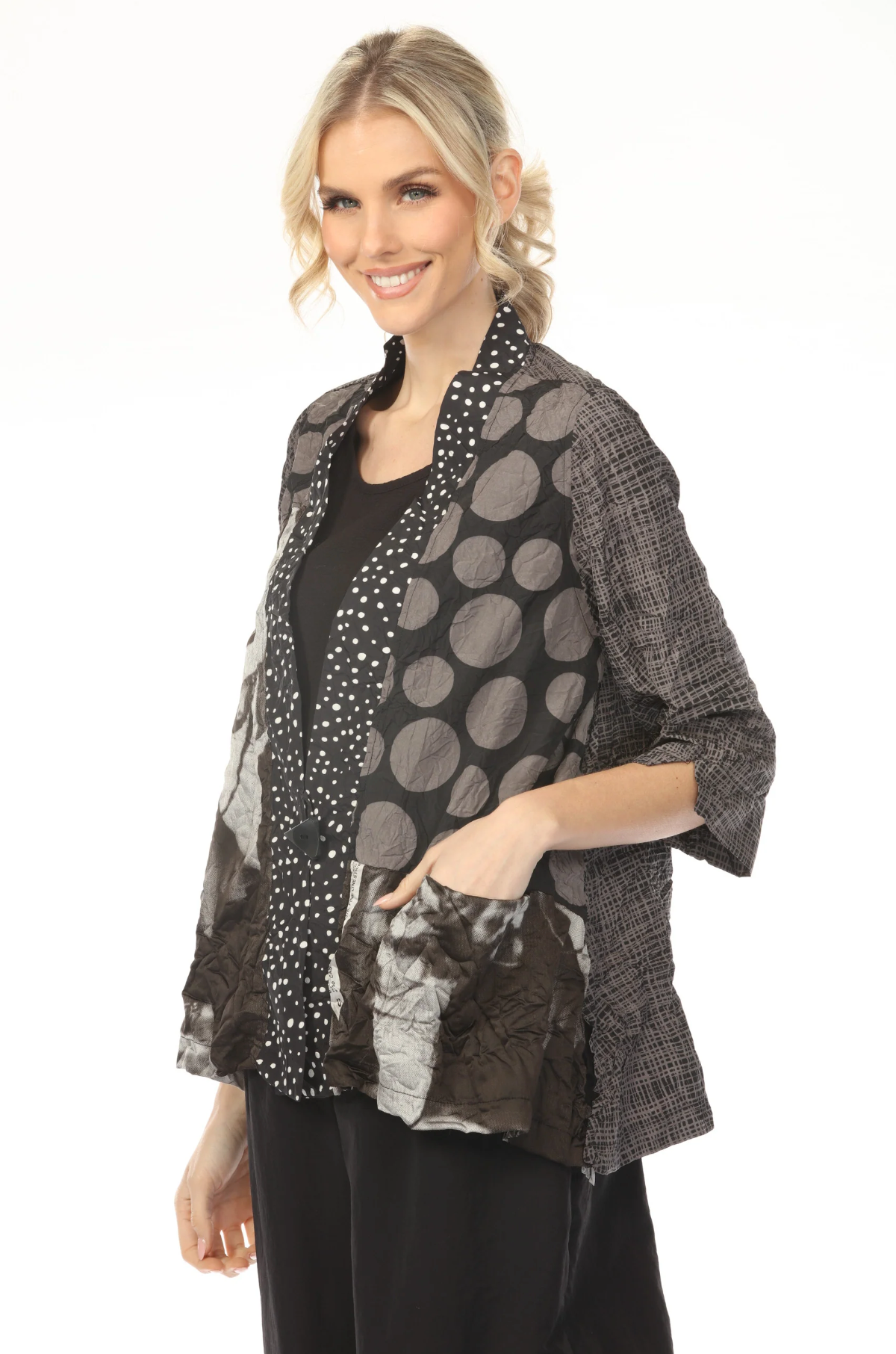 MOONLIGHT One Button Black & Gray Mixed Media Top - 4276