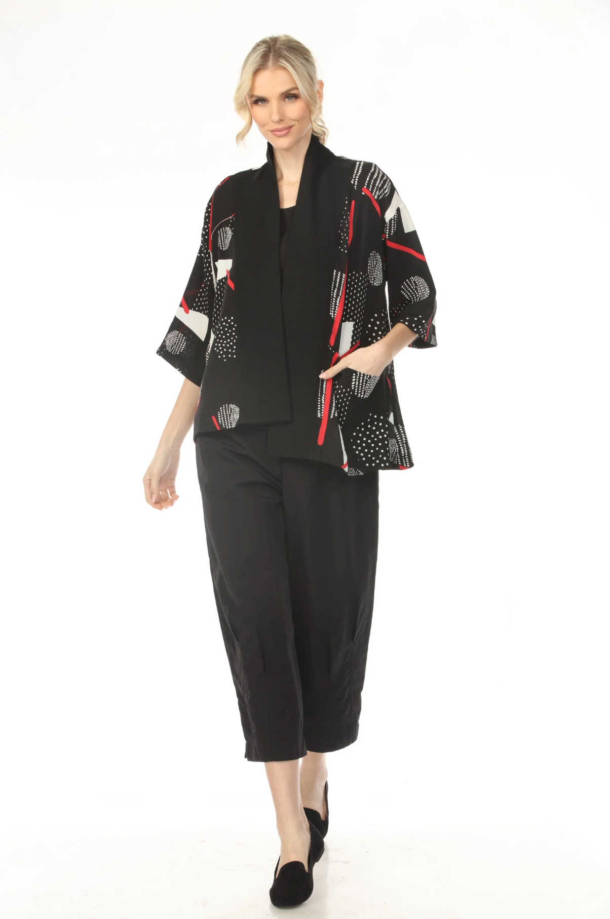MOONLIGHT Black Mixed Media Red Accent Pocket Top - WJ2021
