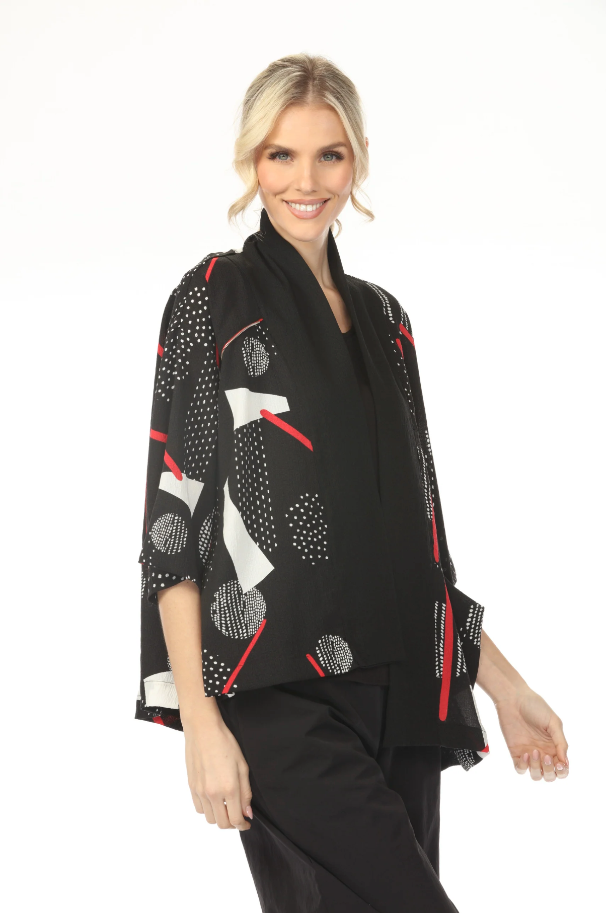 MOONLIGHT Black Mixed Media Red Accent Pocket Top - WJ2021