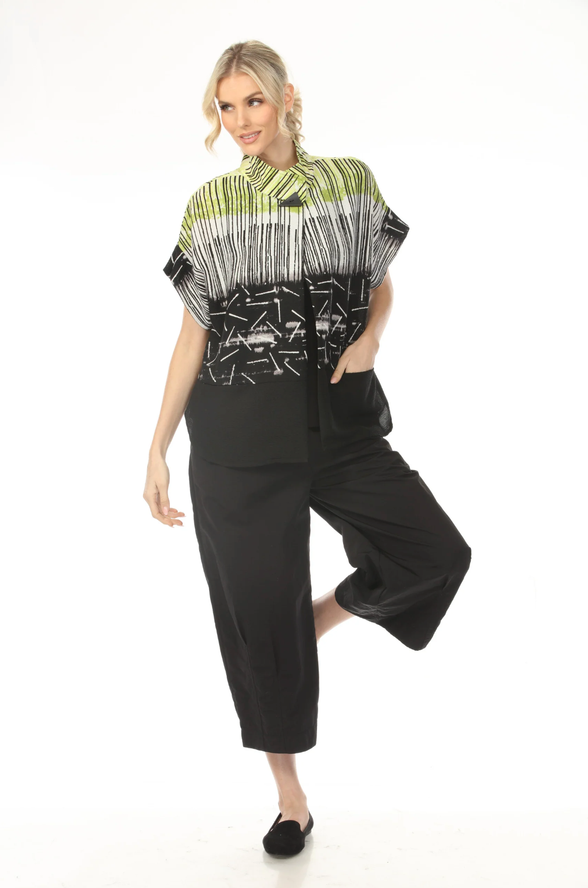 MOONLIGHT High Neck Lime Accent Jagged Line Print Top - WJ1015