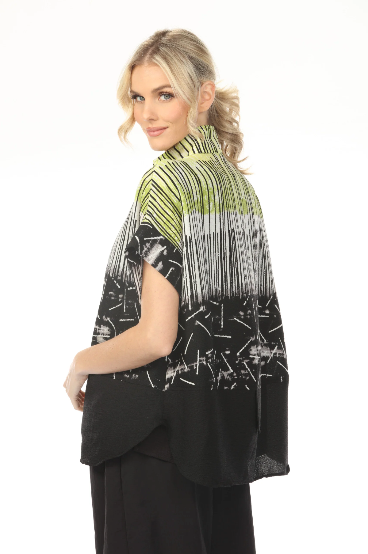 MOONLIGHT High Neck Lime Accent Jagged Line Print Top - WJ1015