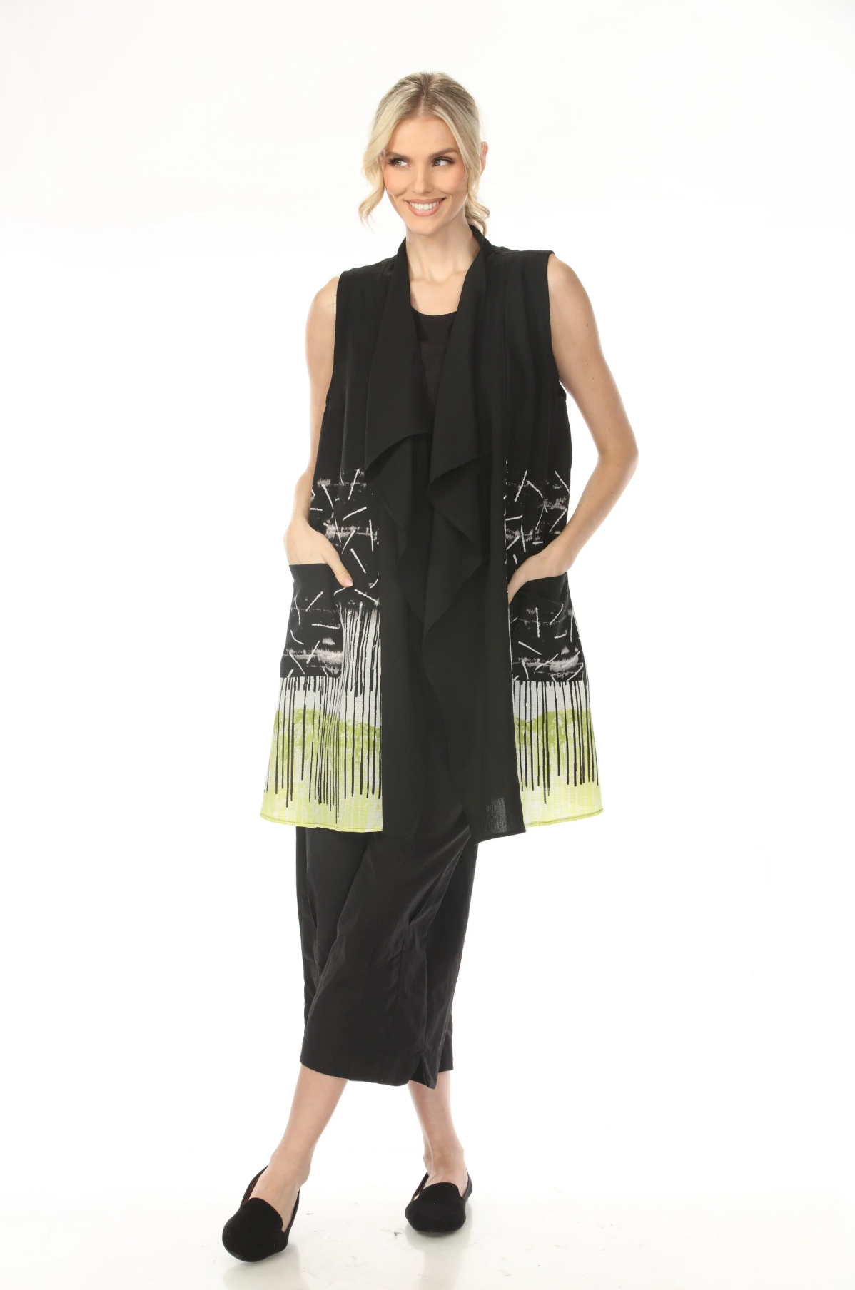MOONLIGHT Lime Accent Jagged Line Print Long Vest - WV1016