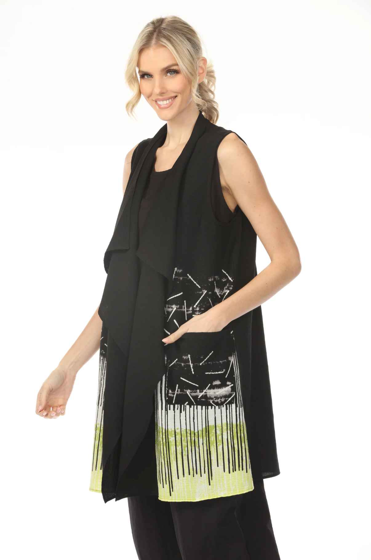 MOONLIGHT Lime Accent Jagged Line Print Long Vest - WV1016