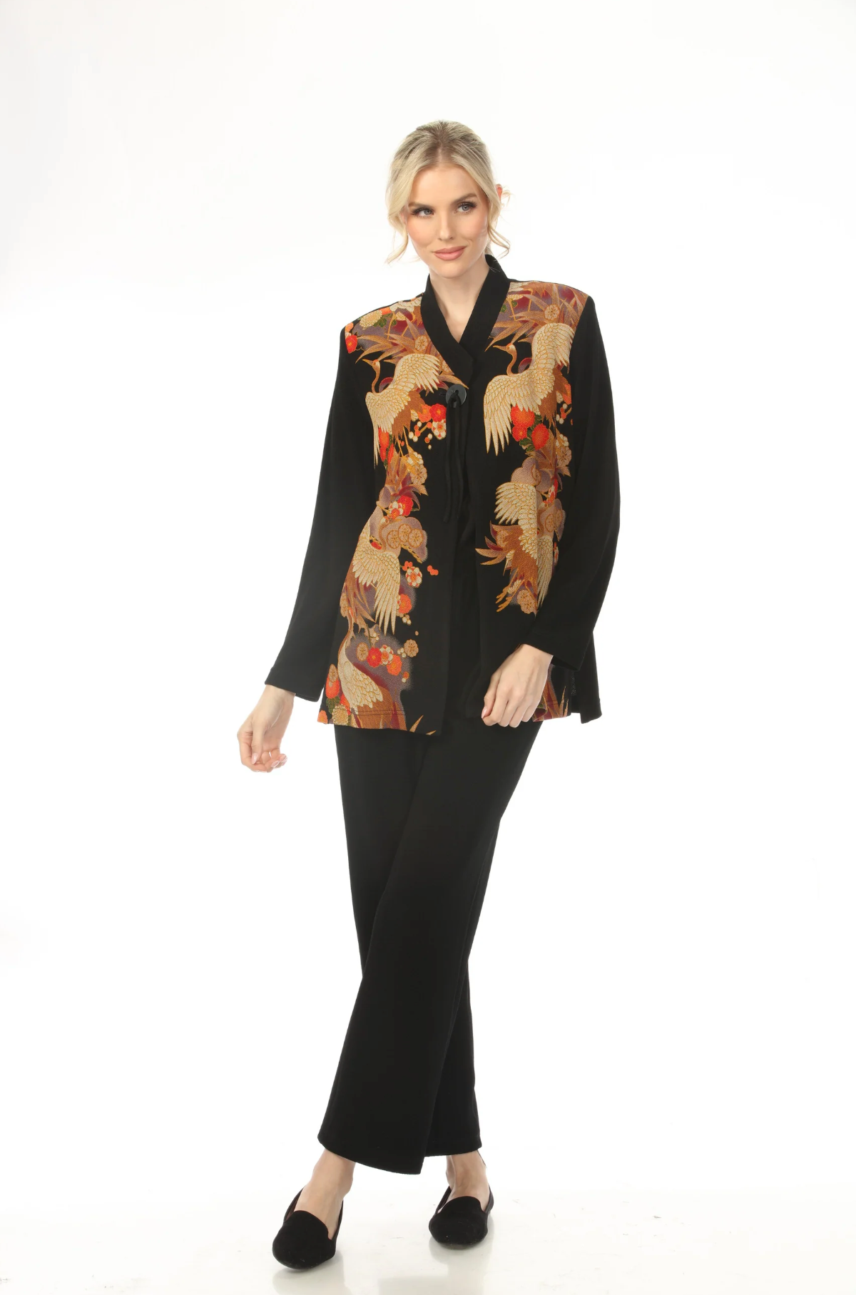 MOONLIGHT Button Closure Crane & Floral Print Top - 3015 - RED CRANE